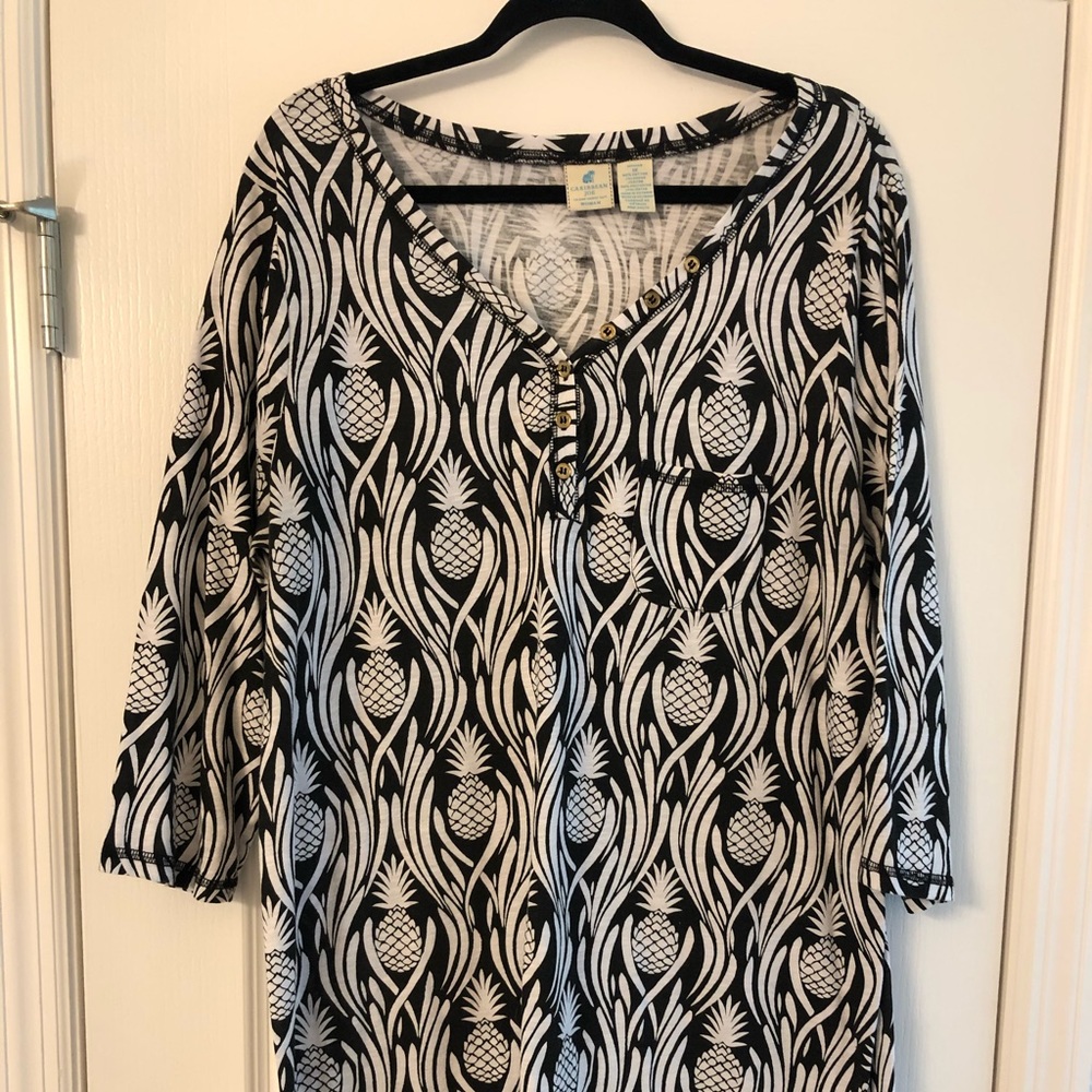 1X Caribbean Joe Black & White Pineapple Dress
